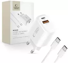 Tech-Protect NCA30 PD 30W QC3.0 USB-A / USB-C sieninis įkroviklis + USB-C / USB-C laidas 100 cm - Baltas
