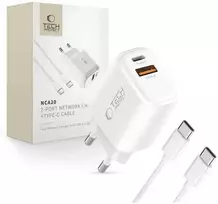 Tech-Protect NCA20 PD 20W QC3.0 USB-A / USB-C sieninis įkroviklis + USB-C / USB-C laidas 100 cm - Baltas