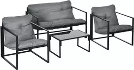 Lauko baldų komplektas Balkono baldai su sėdynių pagalvėlėmis, sodo svetainės komplektas, dvigulė sofa, 2 foteliai, žurnalinis staliukas, pilka+juoda