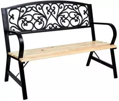 Juodo metalo ir ketaus sodo suoliukas su mediniu sėdynės pagrindu, 120 cm, lauko baldai, parkui, terasai