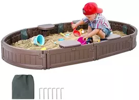 Ovalinė smėlio dėžė su dangčiu, HDPE smėlio duobė, lauko kiemas, 4 vietų smėlio dėžė vaikams nuo 3 iki 12 metų