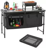 Kempingo virtuvės stalas, sulankstomas, nešiojamas, reguliuojamas maisto gaminimo stotis su saugykla, juodas kempingo stalas, lauko maisto gaminimo stalas