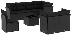 Lauko baldų komplektas Sodo komplektas su pagalvėlėmis, 9 dalių, juodas, poliratanas