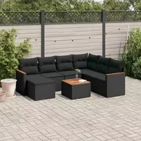 Lauko baldų komplektas Sofos komplektas su pagalvėlėmis, 8 dalių, juodas, poliratanas