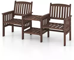 Lauko baldų komplektas Promotions Lauko dvivietė sofa su 2 lygių šoniniu staliuku ir skėčio anga, eglės mediena, 165.1x61x88.9 cm, ruda balta