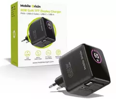 Įkroviklis Mobile Origin 65W GaN Ekranas Charger PW3 - USB-C Cable + USB-C + USB-A