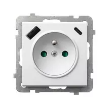 Ospel GP-1RZPUSBAC/m/00 SONATA Viengubas lizdas su įžeminimu ir srovės kelio skląsčiais, su USB A+C įkrovikliu, baltas GP-1RZPUSBAC/m/00