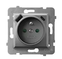 Ospel GP-1UZPUSBAC/m/70 ARIA Viengubas lizdas su įžeminimu, srovės kelio skląsčiais ir USB įkrovikliu, A+C, matinės pilkos spalvos GP-1UZPUSBAC/m/70