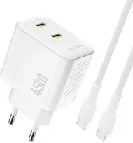 Dudao A28PCEU PD 45W GaN 2xUSB-C sieninis įkroviklis su USB-C laidu – baltas