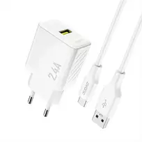 Dudao A23TEU 2.4A GaN USB-A sieninis įkroviklis su USB-A - USB-C laidu - Baltas