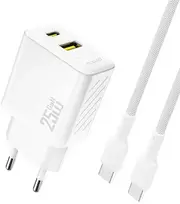 Dudao A26TCEU PD QC 25W GaN USB-A USB-C sieninis įkroviklis su USB-C laidu – baltas