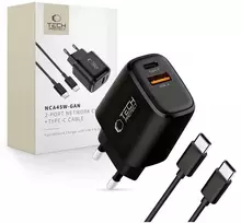 Tech-Protect NCA45W-GAN 2-Port laidinis įkroviklis PD 45W / QC3.0 + Type-C kabelis juodos spalvos