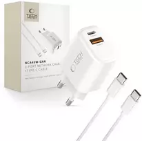 Tech-Protect NCA45W-GAN 2-PORT laidinis įkroviklis PD 45W / QC3.0 + TYPE-C kabelis baltos spalvos