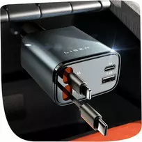 LISEN 69 W automobilinis USB-A ir USB-C įkroviklis su ištraukiamu USB-C kabeliu, 4 portų, pilkas