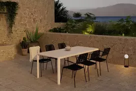 Lauko baldų komplektas Venture Design Valgomojo komplektas Giardini stalas su 6 Lindos kėdėmis, smėlio spalvos, juodos spalvos, lauko baldai