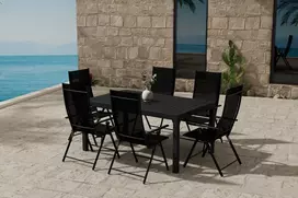 Lauko baldų komplektas Venture Design Valgomojo komplektas Capo stalas su 6 Levanzo kėdėmis, juodas plienas, sulankstomas