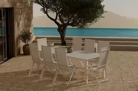 Lauko baldų komplektas Venture Design Valgomojo komplektas Levels stalas su 8 Levanzo kėdėmis, smėlio spalvos, plienas