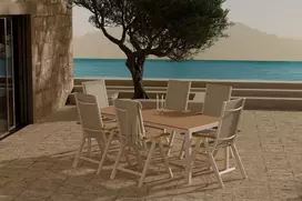 Lauko baldų komplektas Venture Design Valgomojo komplektas Break stalas su 6 Panama atlošiamos kėdės 205x90 cm smėlio spalvos