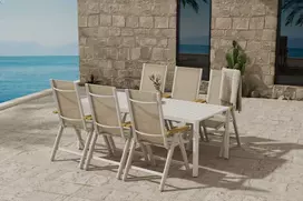 Lauko baldų komplektas Venture Design Valgomojo komplektas Giardini stalas su 6 Panama atlošiamos kėdės, smėlio spalvos, lauko baldai