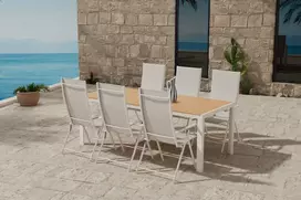 Lauko baldų komplektas Venture Design Valgomojo komplektas Break stalas su 6 Levanzo kėdėmis 205x90 cm, smėlio spalvos plienas