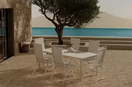 Lauko baldų komplektas Venture Design Valgomojo komplektas Giardini stalas su 6 Levanzo kėdėmis, smėlio spalvos, lauko baldai