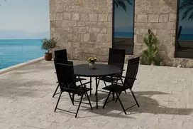 Lauko baldų komplektas Venture Design Valgomojo komplektas Giardini stalas su 4 Levanzo kėdėmis 120 cm juodas plienas