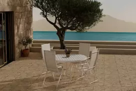 Lauko baldų komplektas Venture Design Valgomojo komplektas Giardini stalas su 4 Levanzo kėdėmis 120 cm smėlio spalvos plienas