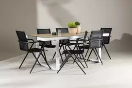 Lauko baldų komplektas Venture Design Valgomojo komplektas Merlo valgomojo stalas ir Alina kėdės 200x75 cm balta juoda aliuminis