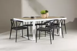 Lauko baldų komplektas Venture Design Valgomojo stalo ir kėdžių komplektas Merlo ir Stina 200x75 cm Balta Juoda Aliuminis Pintas