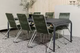 Lauko baldų komplektas Venture Design Valgomojo stalas ir kėdžių komplektas Borneo 200x100x75 cm juodas aliuminis stačiakampis žalia virvė plienas