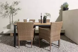 Lauko baldų komplektas Venture Design Valgomojo komplektas Stačiakampis stalas 90x150 cm Juodos spalvos pintos kėdės Smėlio spalvos Aliuminis