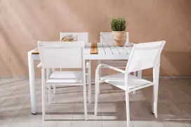 Lauko baldų komplektas Venture Design Valgomojo stalas ir fotelio komplektas 150x100 cm, baltas, iš tiko medienos, aliuminis, sukraunamas