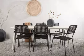 Lauko baldų komplektas Venture Design Valgomojo stalas ir fotelių komplektas 200x90 cm, smėlio spalvos ir juodos spalvos plienas