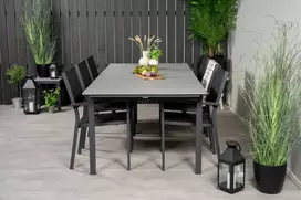 Lauko baldų komplektas Venture Design Valgomojo komplektas Levels stalas Copacabana kėdė, juoda, pilka, Aintwood, Textilene