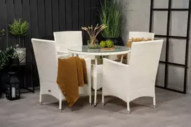 Lauko baldų komplektas Venture Design Valgomojo stalas ir fotelio komplektas, 90 cm, balta, pagalvėlė, pluoštas