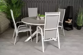 Lauko baldų komplektas Venture Design Valgomojo komplektas Parma stalas Copacabana atlošiama kėdė 140 cm balta pilka Aintwood Textilene