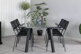 Lauko baldų komplektas Venture Design Valgomojo stalas ir foteliai 200x100 cm juodas plieno pintas rotangas