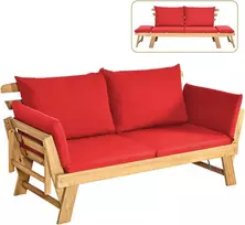 COSTWAY lauko sofa iš akacijos medienos, raudona, dviems, su pagalvėlėmis, reguliuojamais porankiais, AB93317DQ+DE-GM