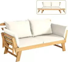 COSTWAY medinė išskleidžiama sodo sofa-lova su atlošiamais porankiais, 198 × 75 × 75 cm, akacijos mediena, bežinė