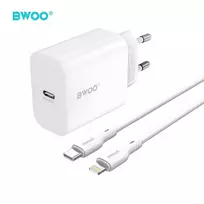 Telforceone BWOO wall charger CDA233 PD 20W 1x USB-C with USB-C - Lightning cable baltas