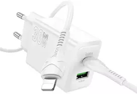 Įkroviklis Hoco N71 30W GaN USB-C/USB-A + USB-C to Lightning cable 1.0m baltas