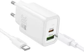 Įkroviklis Hoco N63 30W GaN USB-C/USB-A + USB-C to USB-C cable 1.0m baltas
