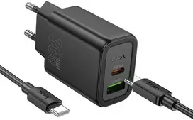 Įkroviklis Hoco N63 30W GaN USB-C/USB-A + USB-C to USB-C cable 1.0m juodas