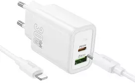 Įkroviklis Hoco N63 30W GaN USB-C/USB-A + USB-C to Lightning cable 1.0m baltas