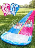 JOYIN lauko vandens čiuožykla vaikams su integruotu purkštuvu, 685,8 cm ilgio, 2 čiuožimo lentos, mėlyna, rožinė