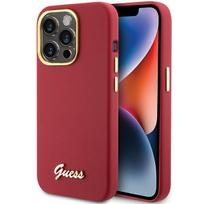 Guess Silicone Script Metal Logo & Frame dėklas telefonui iPhone 15 Pro - raudonas
