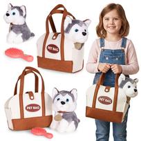 Pliušinis šuniukas krepšyje Husky žaislas vaikams + priežiūros šepetys