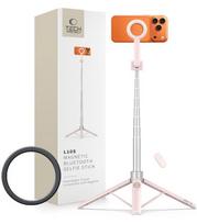 Rožinė / pilka selfie - asmenukių lazka - trikojis "Tech-Protect L10S Magsafe Bluetooth Selfie Stick Tripod"