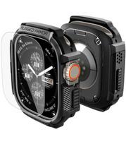 Juodas dėklas + stikliukas Apple Watch Ultra 1 / 2 / 3 (49 mm) laikrodžiui "Spigen Rugged Armor & Tempered Glass"