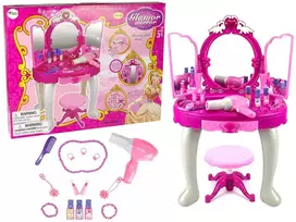 Lean Cars Lean Toys Didelis grožio staliukas su kėdute ir veidrodžiu, rožinis